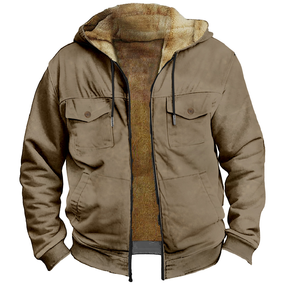 2023 transfronteriza europea y americana patrón de color sólido impresión 3D Impresión digital suéter con capucha forro marrón bolsillo algodón