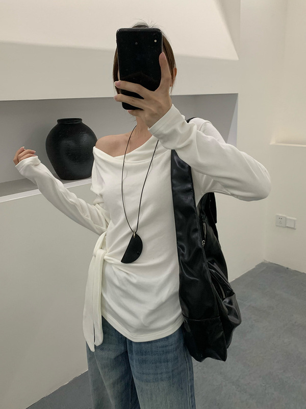 THINK十三行韩系一字肩条纹T恤女2025秋慵懒斜肩收腰绑带露肩上衣|undefined