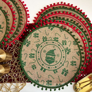 Jute placemat Christmas woven table mat ins printed fur ball insulation mat vintage napkin cotton linen decorative mat