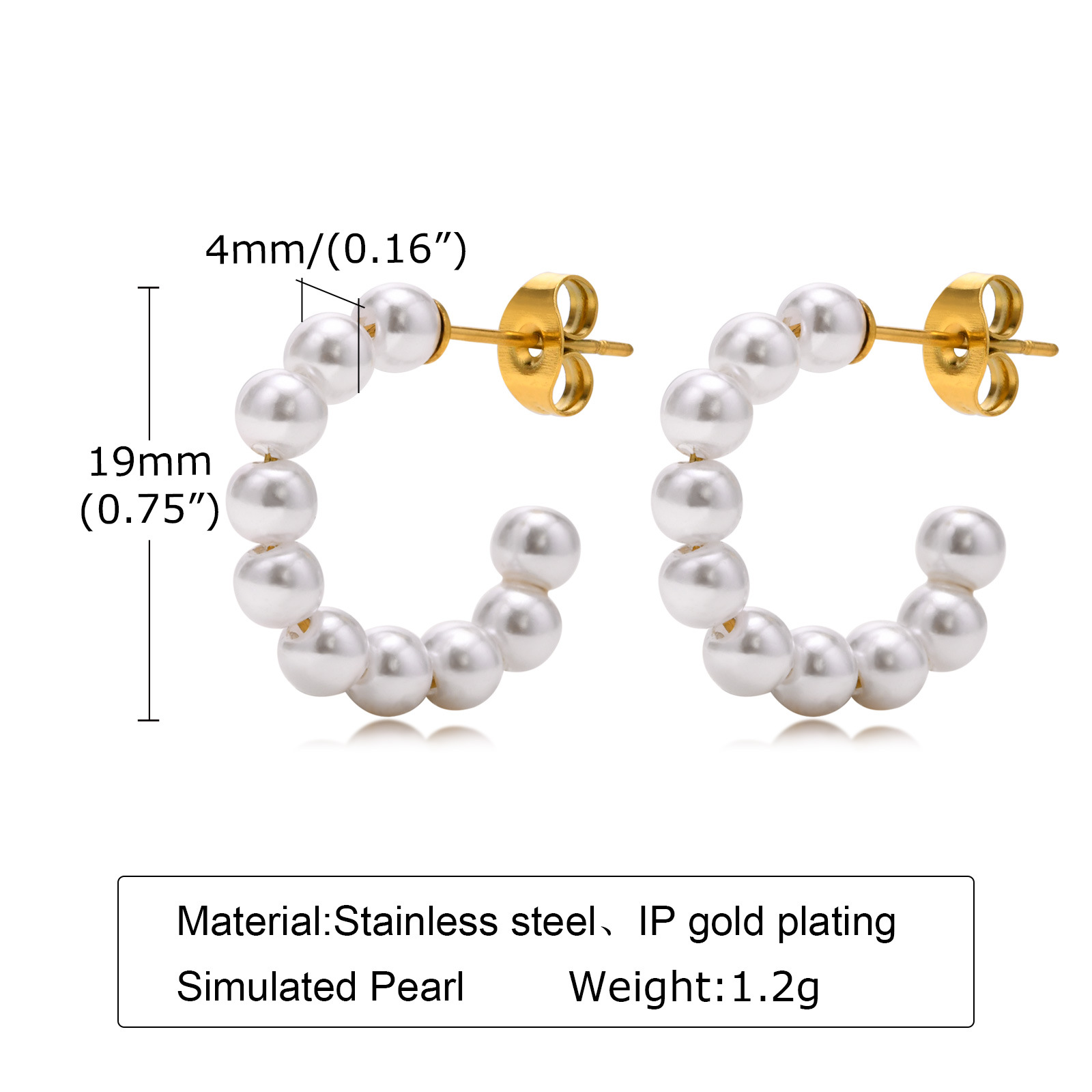 6g Weight PVD Coated Gold Plating Process 1 Pair Fashion C Shape Pearl 201 Stainless Steel Stainless Steel Earrings