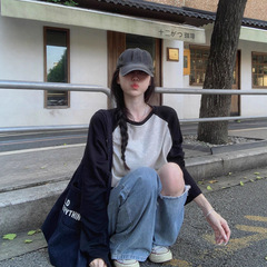 撞色氛围感单穿长袖正肩T恤女早秋韩系穿搭宽松绝美巨好看的上衣