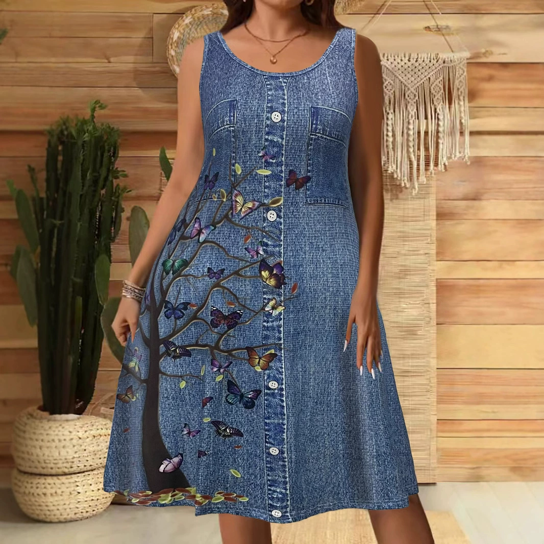 2025 Весна-Лето Новинка Amazon Женская одежда для кросс-борда Свободное и модное платье с 3D цифровой печатью Повседневное платье из искусственного денима