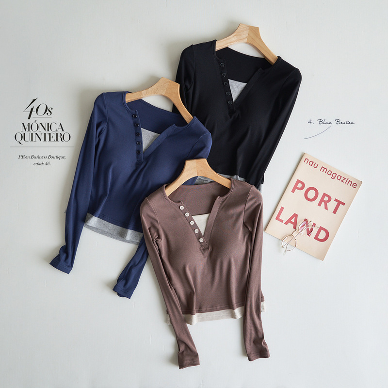Fake Two-piece Long-sleeved T-shirt with Chest Pad Women's Autumn and Winter Wear Contrast Color Stitching Slim-fit Short Inner Base Top