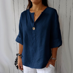 アマゾン2025クロスボーダー欧米夏新型ゆるいtシャツ快適カジュアルvネック綿麻ボタン上着女性