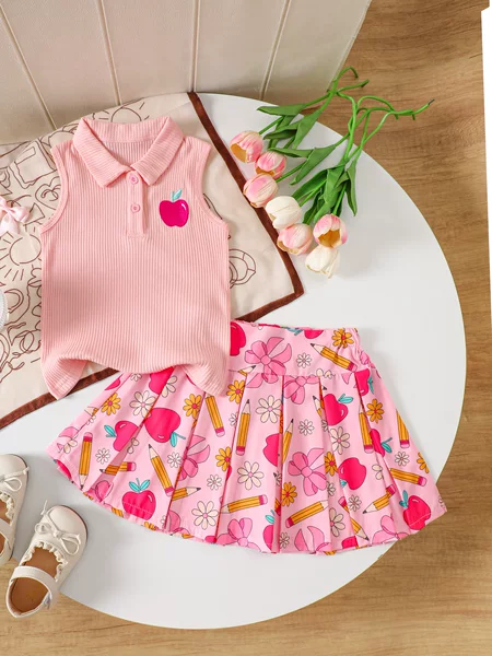 2025 New Girls Skirt Suit Apple Embroidered Lapel Vest + Pleated Skirt