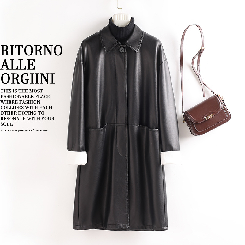 Autumn 2025 New Black Long Leather Jacket with a High-End Feel, Slimming and Contrasting Sleeves, Women's Leather Coat 518