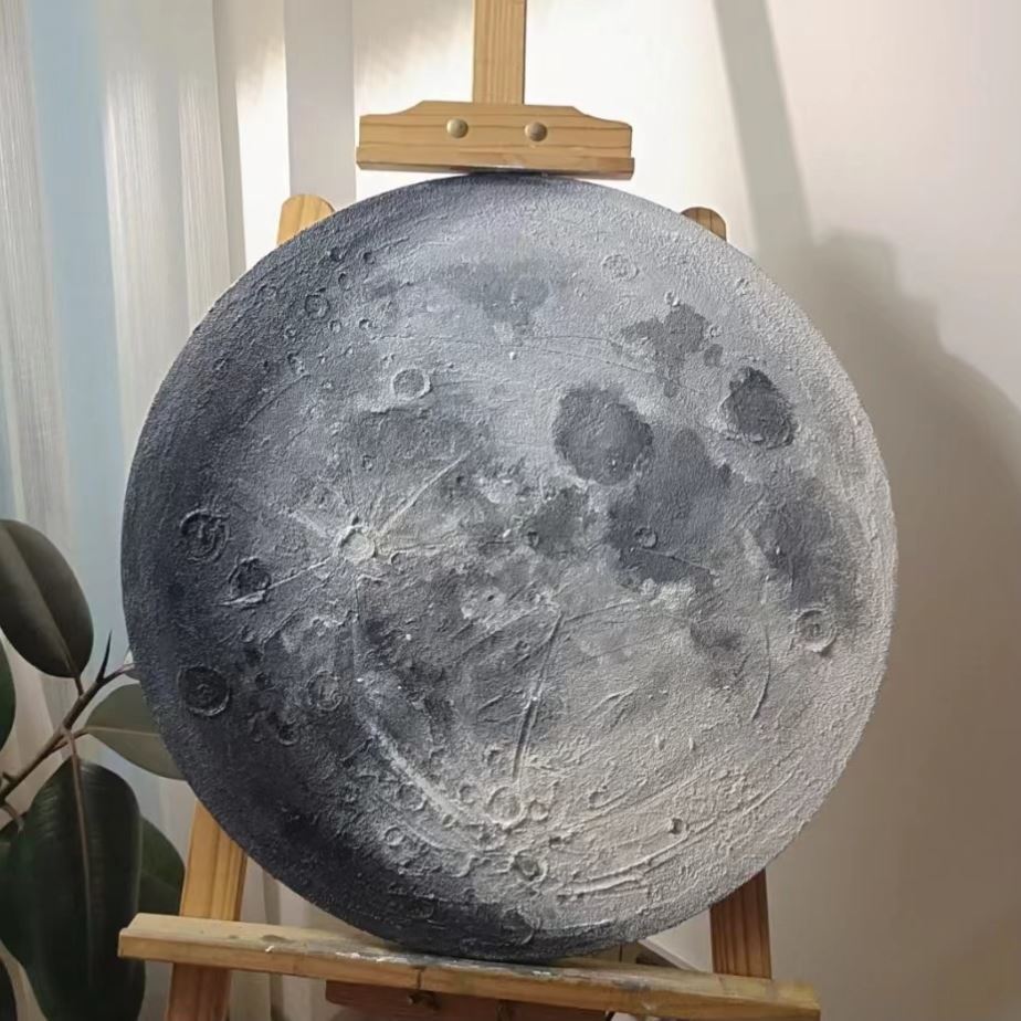 手绘成品月球月亮肌理画石英砂丙烯肌理画感砂岩饥理装饰油画