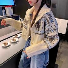 2025冬季新款韩国ins 复古花纹小翻领圣诞小鹿图案针织毛衣外套