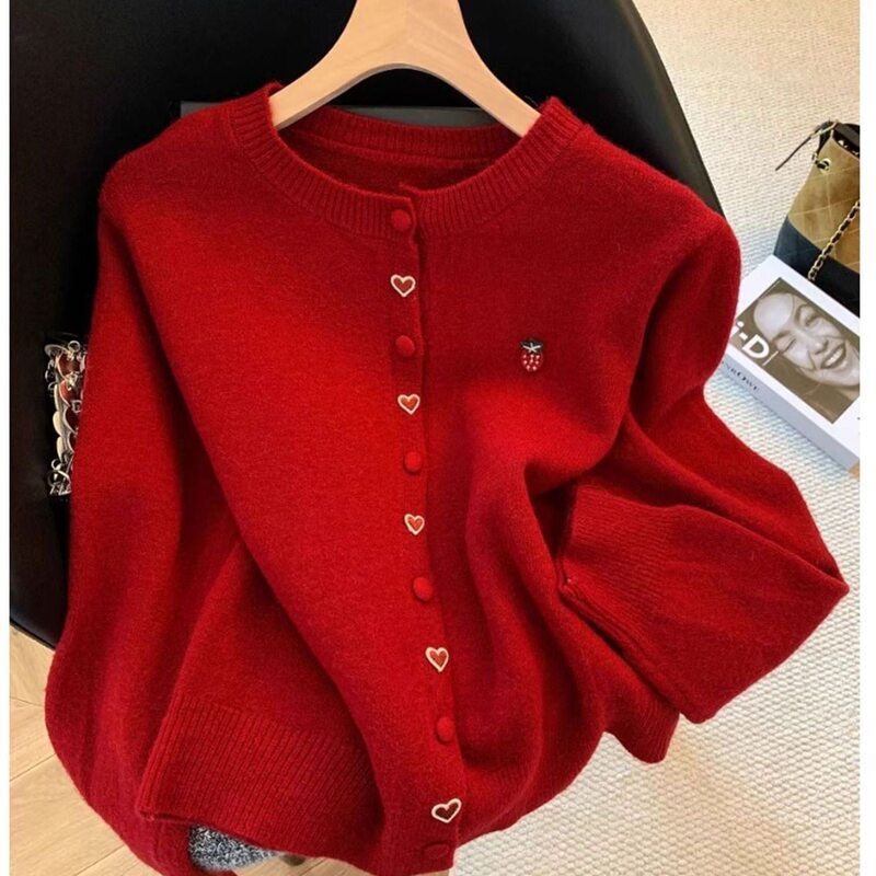 2026 New High-End Buttoned Heart Pattern Red Sweater Cardigan, New Autumn/Winter Loose Fit Versatile Slimming Coat 2026 New High-End Buttoned Heart Pattern Red Sweater Cardigan, New Autumn/Winter Loose Fit Versatile Slimming Coat