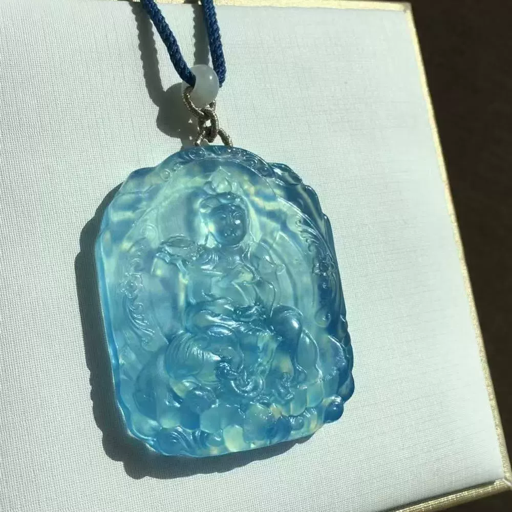 天然海蓝宝玉石普贤菩萨观音吊坠海蓝宝原石手链蓝宝水晶原石批发