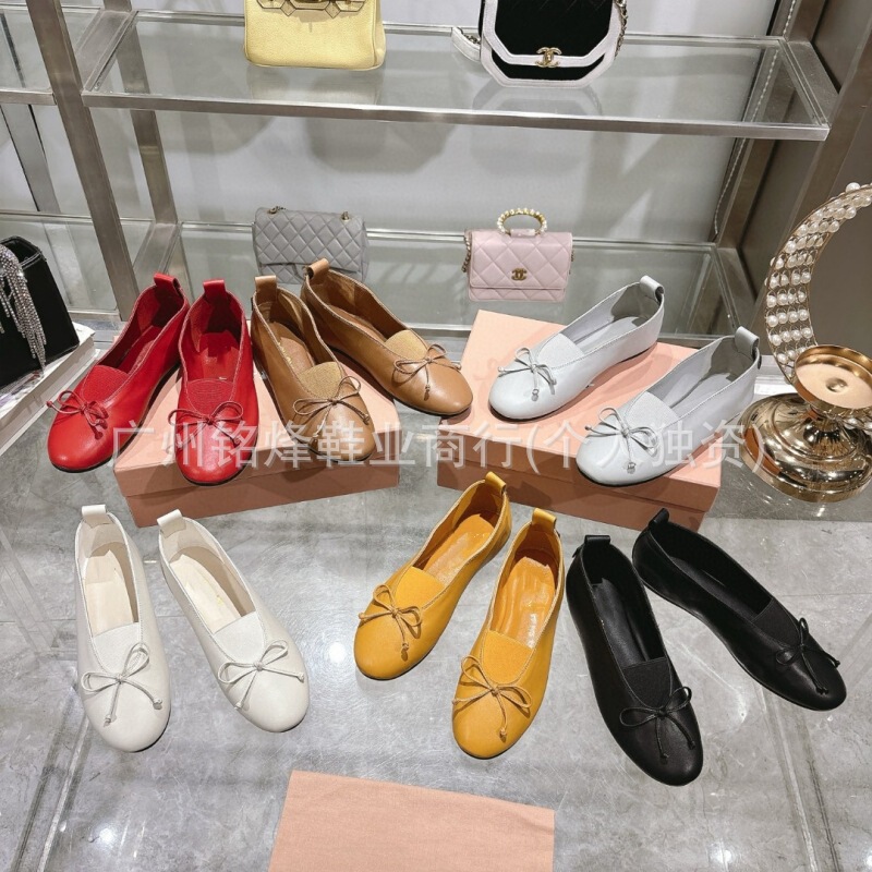 Miu Series 2025 Spring and Summer New Round-Toe Bow Women's Flats Soft-Soled Ballet Shoes Flats Shallow Mouth Granny Shoes