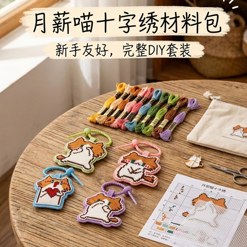 In-stock DIY cross-stitch material kit for handmade bags, pendants, and cartoon pixel-style key accessories