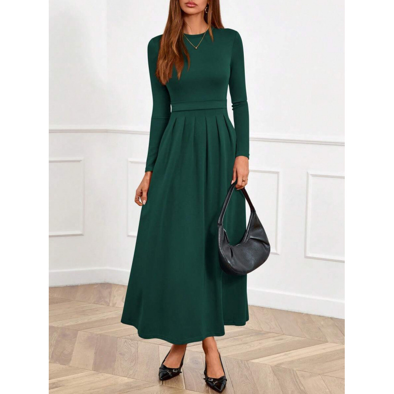Cross-Border Amazon Europe and America 2026 Summer New Casual Pleated Flowy Waist-Slimming Fashionable Long-Sleeve Dress