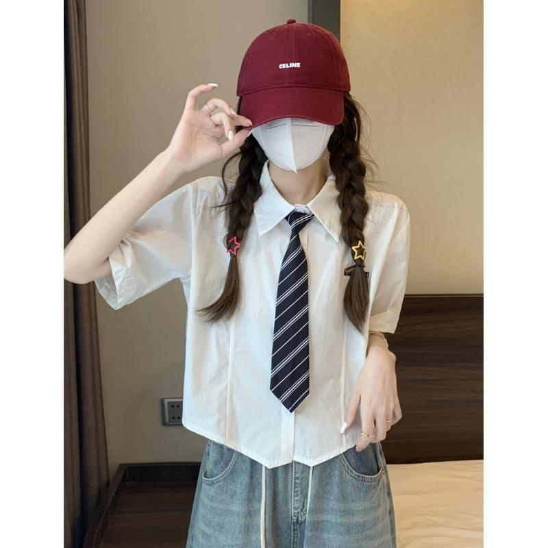 Preppy style short-sleeved shirt women's design sense niche summer New polo collar shirt loose short chic top
