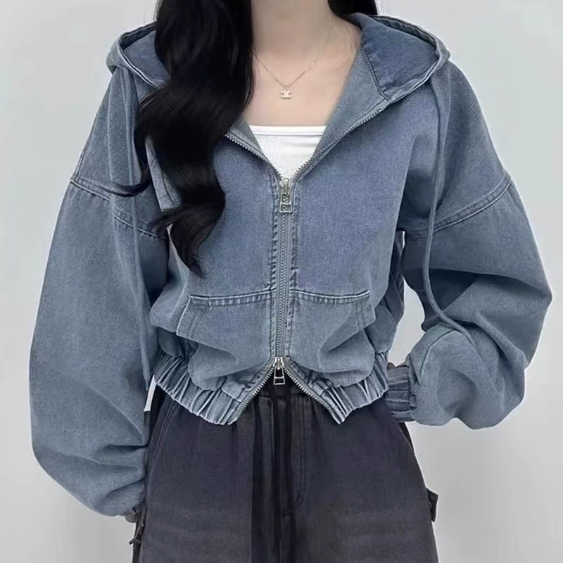 Retro short long-sleeve with zipper for leisure with hood, denim jacket, Korean style, autumn, oversize