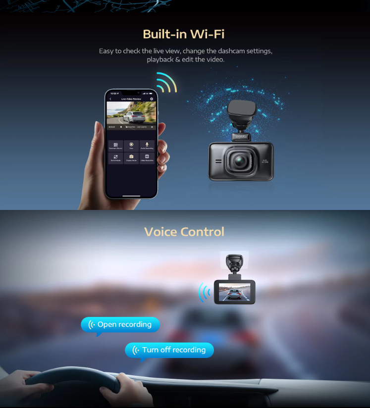 Cross-border arpha dashcam D22 with dual front and rear 4K cameras, touch screen, voice control, GPS tracking, and Wi-Fi