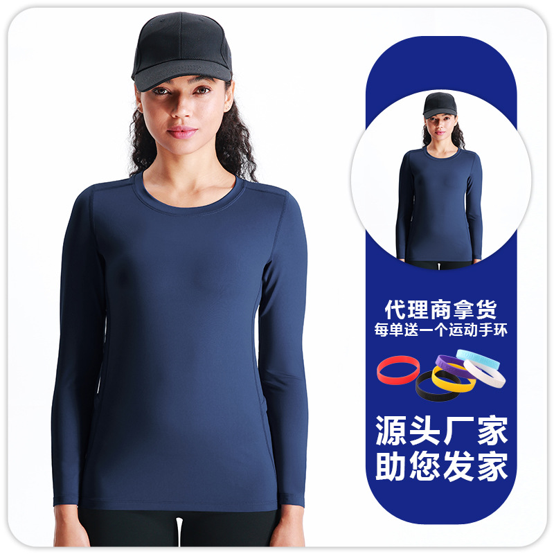 Camiseta de cuello redondo de manga larga deportiva transpirable de secado rápido para mujer, bolsillos bilaterales elásticos, ropa de fitness para correr informal suave y agradable para la piel