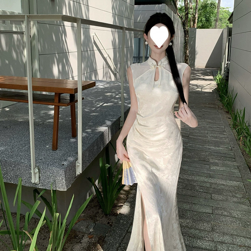 Летнее платье 2025 года в новом стиле, китайский стиль, атласный жаккард, улучшенный чонсам, национальный стиль, воротник-стойка, пуговицы, женственное