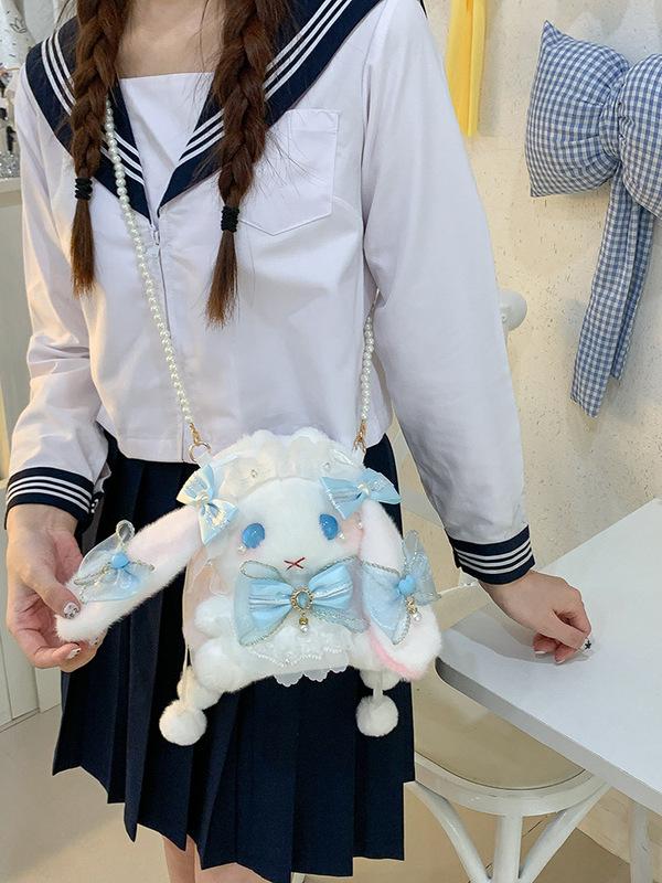 日系软妹洛丽塔兔子包甜妹蝴蝶结毛绒兔子背包珍珠链条斜挎包包|undefined