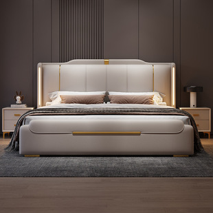 2025 New Italian Light Luxury Leather Bed, Simple and Modern Master Bedroom, Second Bedroom, Large Double Bed, Home Soft-Packed Wedding Bed