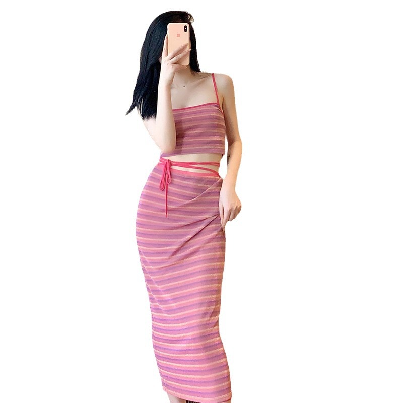 투피스 뉴 퓨어 디자이어 스타일 핫걸 콘트라스트 컬러 스트라이프 패션 스트랩 슈트