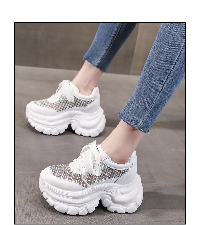 Giày sneaker chunky nữ đế dày lưới thoáng khí tăng chiều cao đính đá — Màu đen chi tiết 14