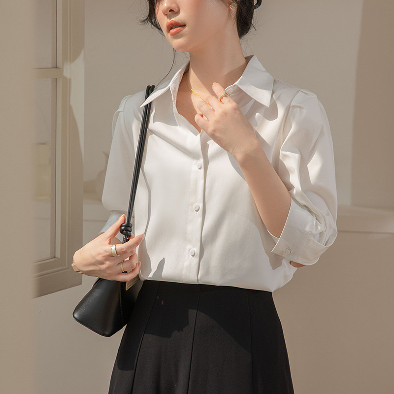 实拍短袖白色衬衣女春秋季设计感小众法式衬衣职业通勤正装上衣