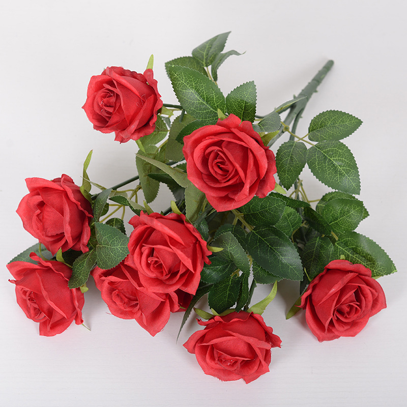 9-cabeza Rosa flor artificial ramo hogar Decoración de la boda Rosa artificial pequeña venta al por mayor de París
