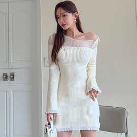 法式辣妹装一字领针织性感打底包臀裙跨境女装秋冬新款时尚毛衣裙