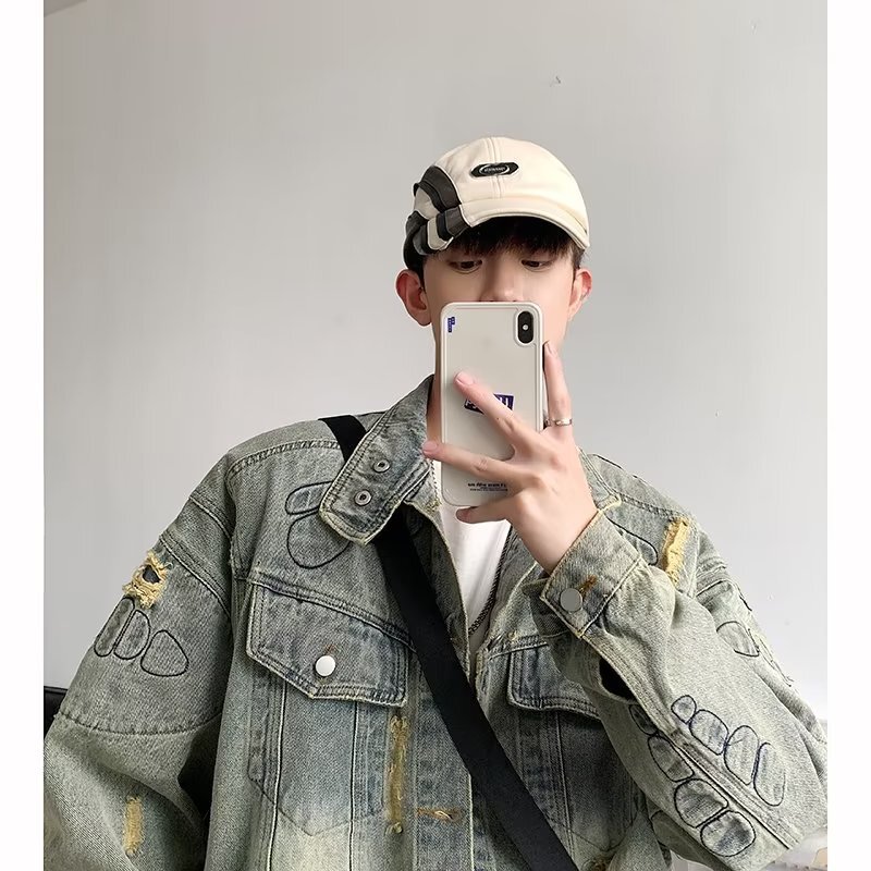 Motorcycle style Denim coat men's trendy high-grade designer fashion brand ripped washed pilot jacket heavy