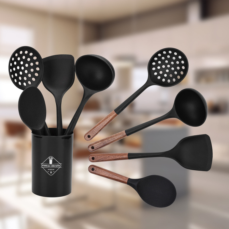 Juego de utensilios de cocina de silicona de nogal