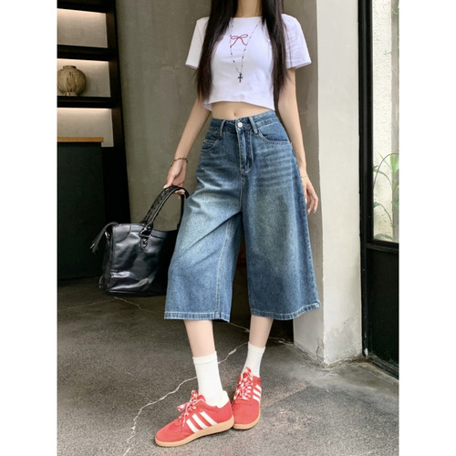 Vintage Cowboy Short Women's Summer Plus Size High-Waisted Loose Slimming Versatile Seven-Eighth Length Straight Leg Wide Leg Pants for Petite Figures