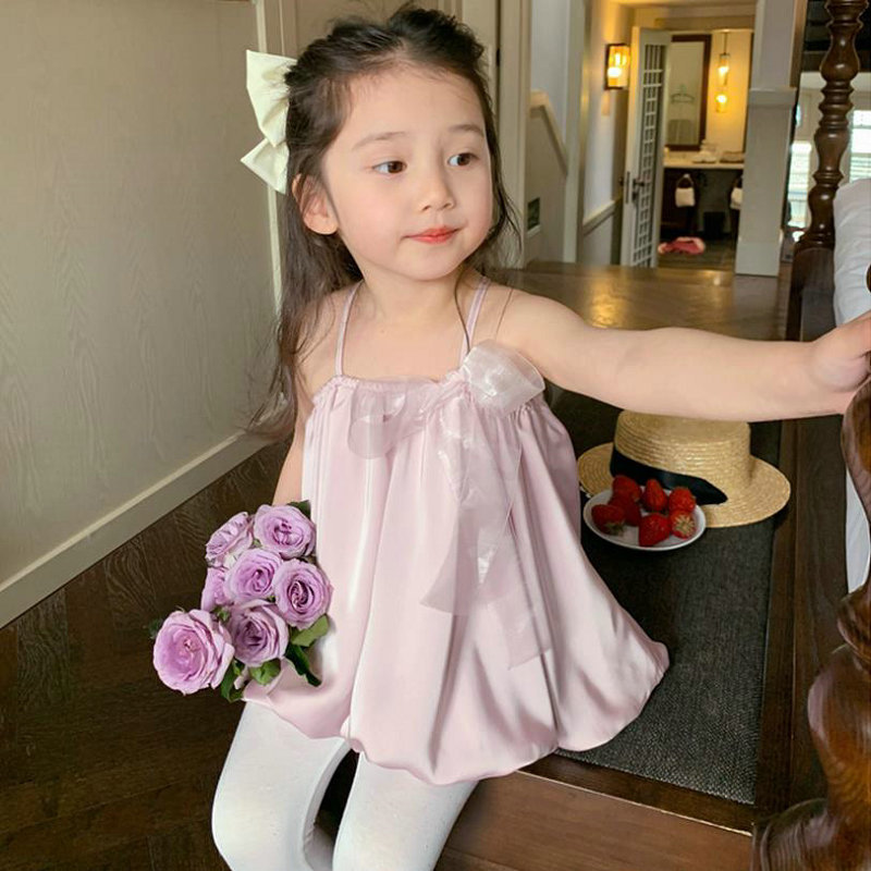 Women's spaghetti strap blouse with bow bud, silky summer dress, new fashion children's clothing, drop shipping for 3-8 years old