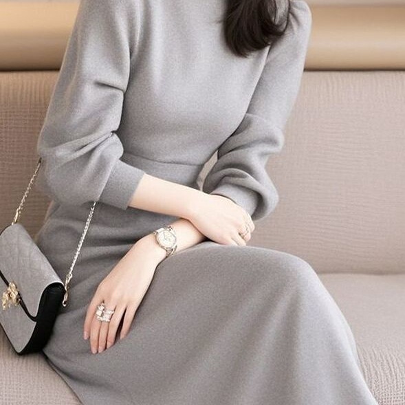 Hall-Style Long Dress 2025 Chinese-Style Goddess Style New Hall Gray Knitted Dress Winter Formal