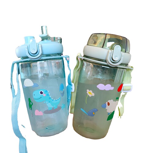 New children's double drinking spout water cup portable strap cup with lock outdoor leisure water bottle fitness sports cup