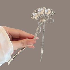 精緻花朵扇形流蘇髮簪女古風步搖高級感髮釵子後腦勺盤髮簪子髮飾