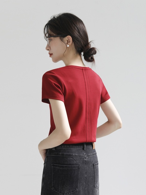 设计感反缝正肩V领短袖t恤女后背中线小众宽松显瘦极简上衣T恤衫|undefined