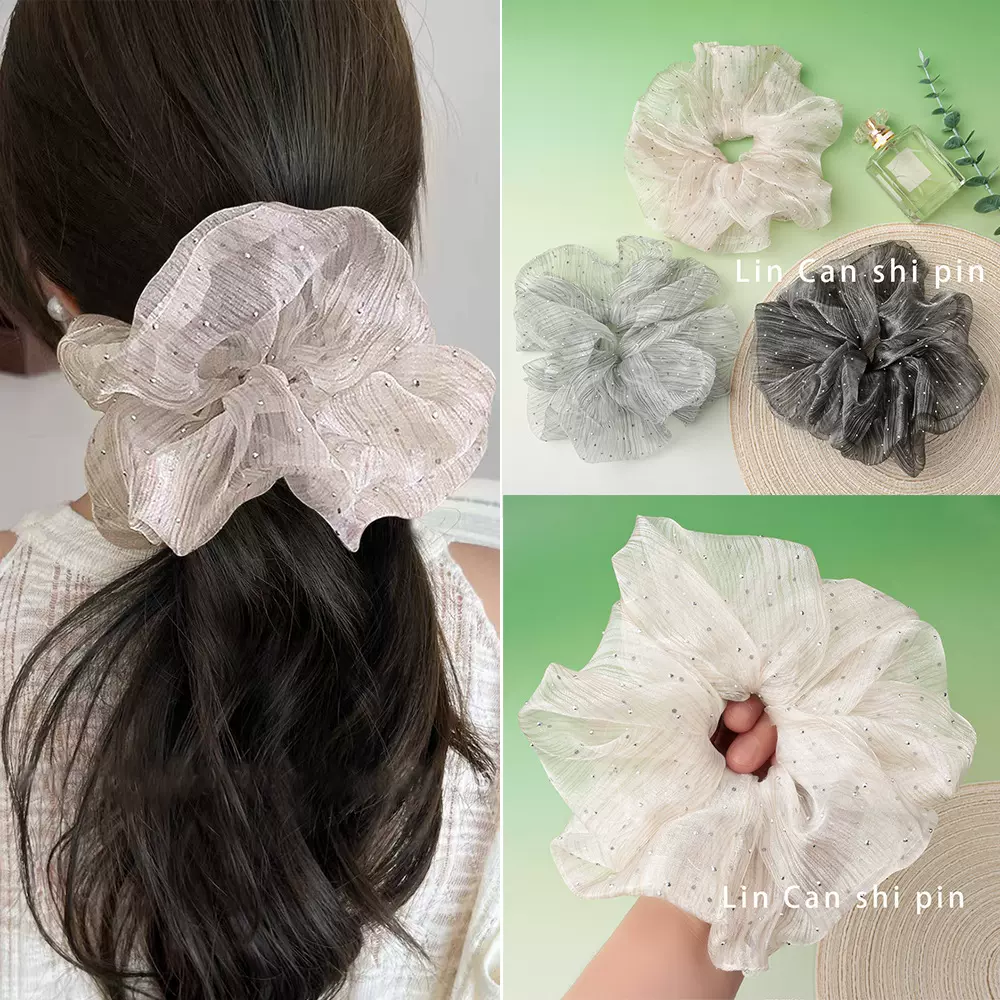 法式复古薄纱烫钻大肠发圈女头绳半扎丸子头发饰高级感发饰批发