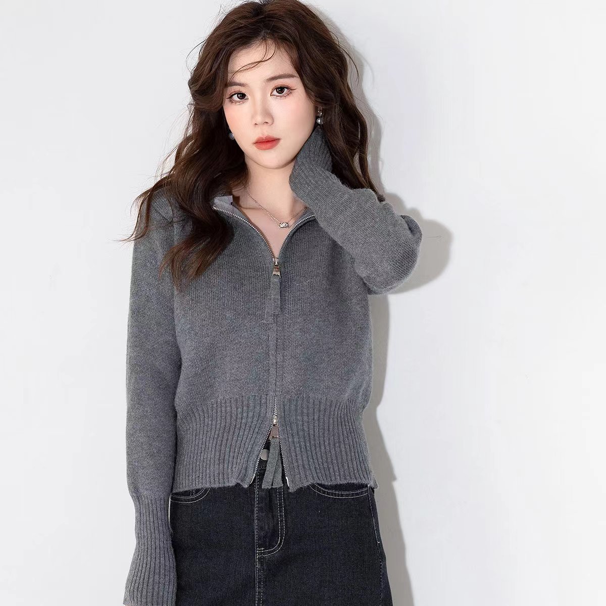 [캐시미어] 게으른 회색 지퍼 스웨터 카디건 여성 가을 새 짧은 후드 긴소매 스웨터