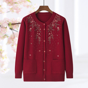Mom Autumn New Round Neck Embroidered Knitted Cardigan Middle-aged and Elderly Women's Loose Western-style One-piece Top Grandma Clothes