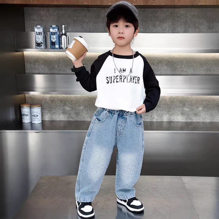 Boys' Spring 2026 Jeans with Rhinestones, Children's Pants, Loose Straight Leg, Trendy Style