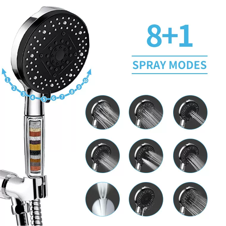 美式9功能过滤增压花洒 5英寸面板按摩花洒头背部喷枪水淋浴套装