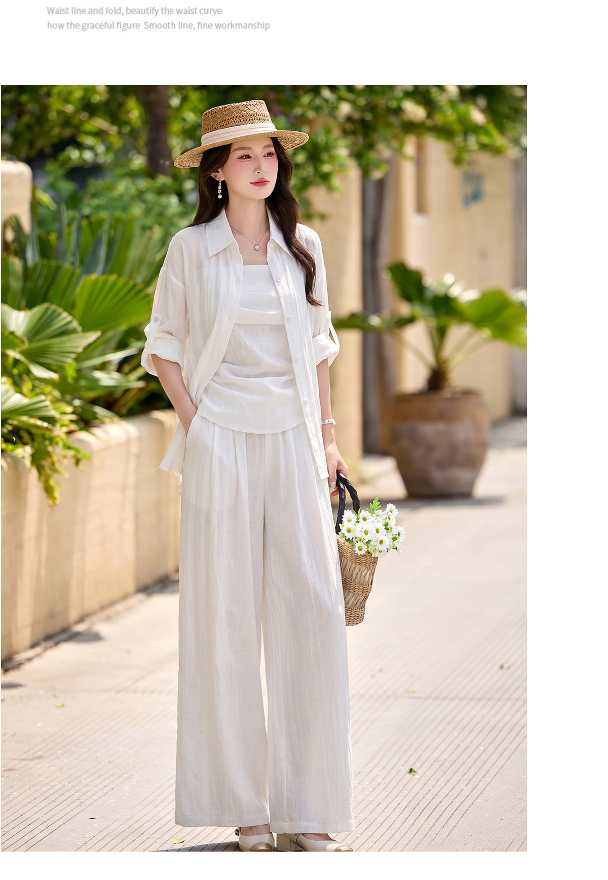 Bộ ba mặc nhà nữ phối áo sơ mi chống nắng, áo hai dây và quần ống suông — màu trắng, màu xám, màu kaki chi tiết 26