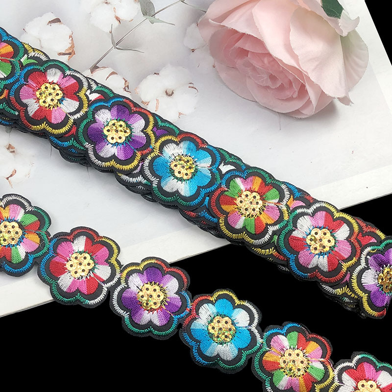 Encaje Bordado con Lentejuelas de Flor de 3.5 cm, Poliéster, Termoadhesivo, para Ropa
