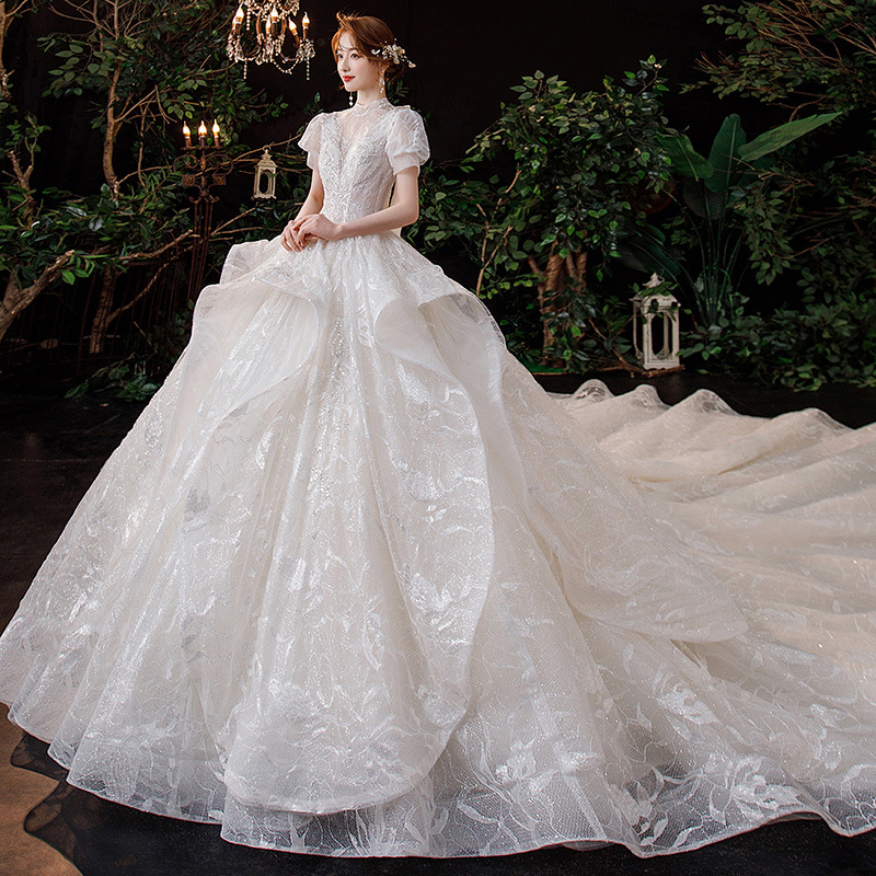 Foreign Trade Stand-Up Collar Wedding Dress 2025 New Bride French Large Tail Dreamy Palace Style European and American Ball Dress Wholesale