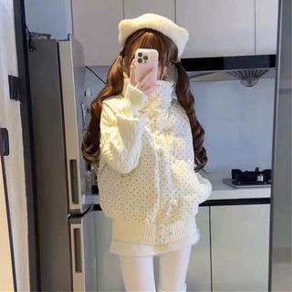 外贸款棉衣针织袖波点棉服上衣女冬季甜美可爱羊羔毛翻领外套棉衣