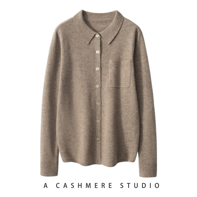 Polo Collar Shirt 100 Pure Cashmere Knitted Cardigan Women 2022 Autumn and Winter New Arrival Professional Sweater with Pocket Polo Collar Shirt 100 Pure Cashmere Knitted Cardigan Women 2022 Autumn and Winter New Arrival Professional Sweater with Pocket