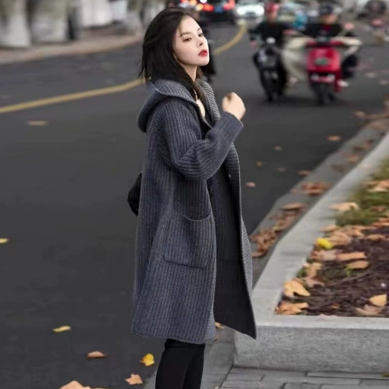 2024 новый осенний корейский стиль, большой размер, однобортный вязаный свитер с капюшоном, утягивающий кардиган средней длины