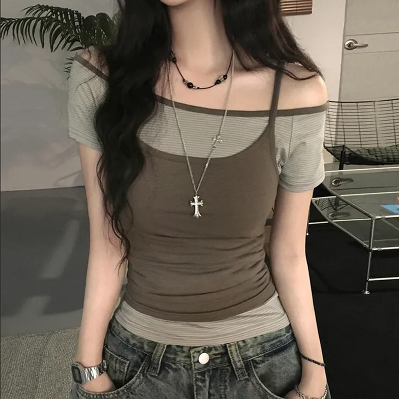 纯欲辣妹风撞色修身休闲两件套上衣跨境夏季圆领T恤叠穿小吊带女|undefined