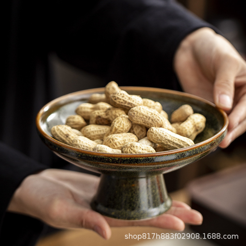 盘子陶瓷黑色早餐圆盘坚果日式复古茶点盘高脚禅意果盘零食多功能